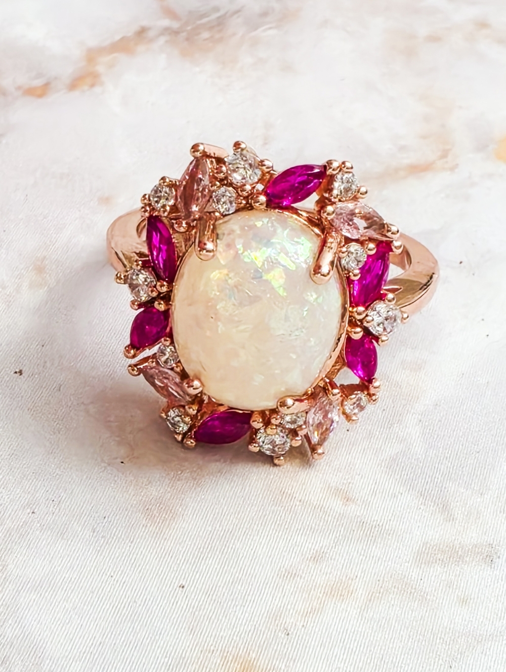 Vintage Inspired Rose Gold Pink Crystal Ring Marquise Leaf Art Deco Style Size 7